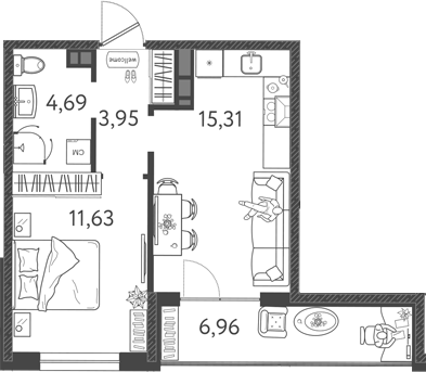 Планировка — Друзья, 2-комн., 35 м²
