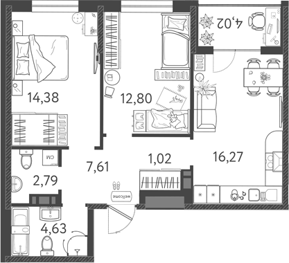 Планировка — Друзья, 3-комн., 60 м²