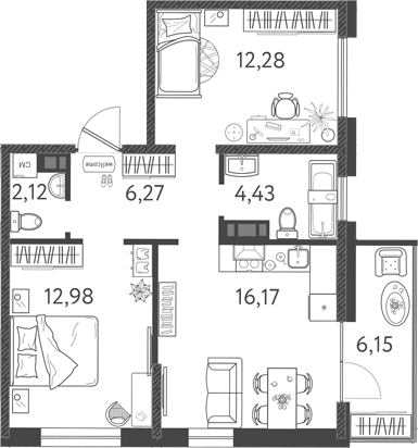 Планировка — Друзья, 3-комн., 54 м²