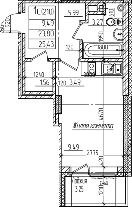 Планировка — Возрождение, Студия, 24 м²