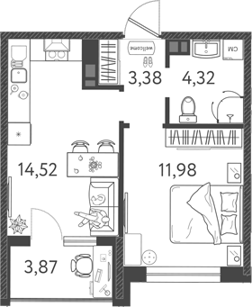 Планировка — Друзья, 2-комн., 34 м²