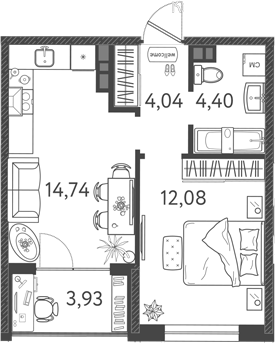 Планировка — Друзья, 2-комн., 34 м²