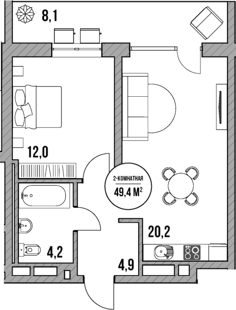 Планировка — МореТут, 2-комн., 41 м²