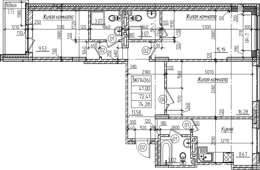 Планировка — Возрождение, 3-комн., 72 м²