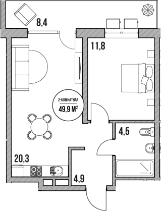 Планировка — МореТут, 2-комн., 42 м²