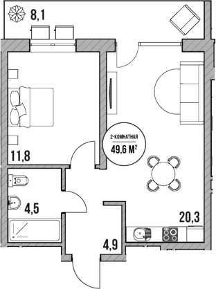 Планировка — МореТут, 2-комн., 42 м²