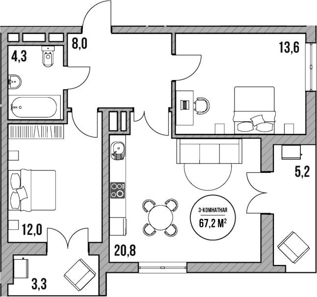 Планировка — МореТут, 3-комн., 59 м²
