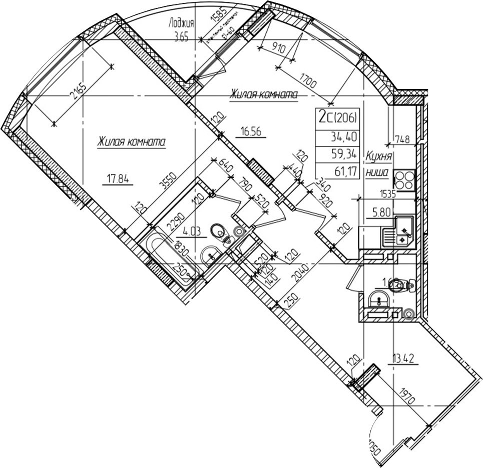 Планировка — Возрождение, 1-комн., 59 м²