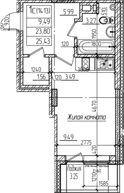 Планировка — Возрождение, Студия, 24 м²