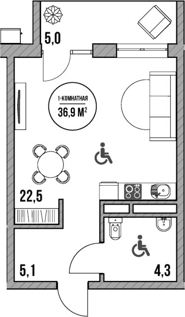 Планировка — МореТут, Студия, 32 м²