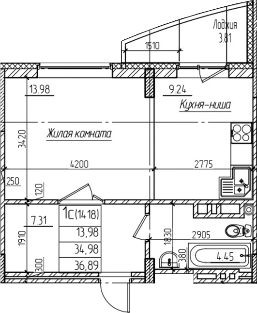 Планировка — Возрождение, Студия, 35 м²