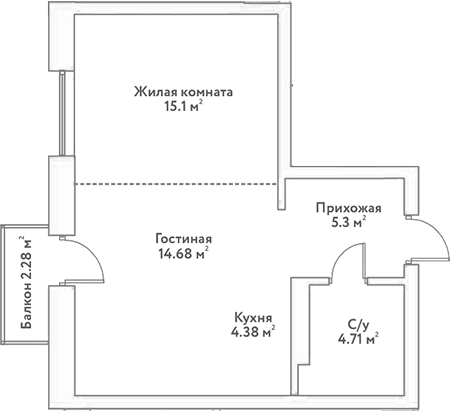 Планировка — Flora&Fauna, 2-комн., 44 м²