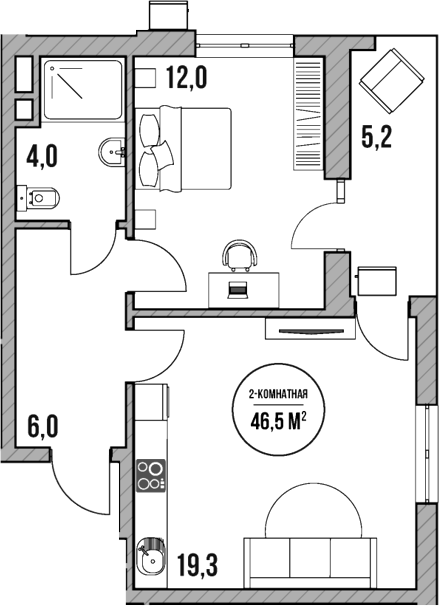 Планировка — МореТут, 2-комн., 41 м²