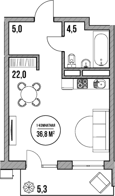 Планировка — МореТут, Студия, 32 м²