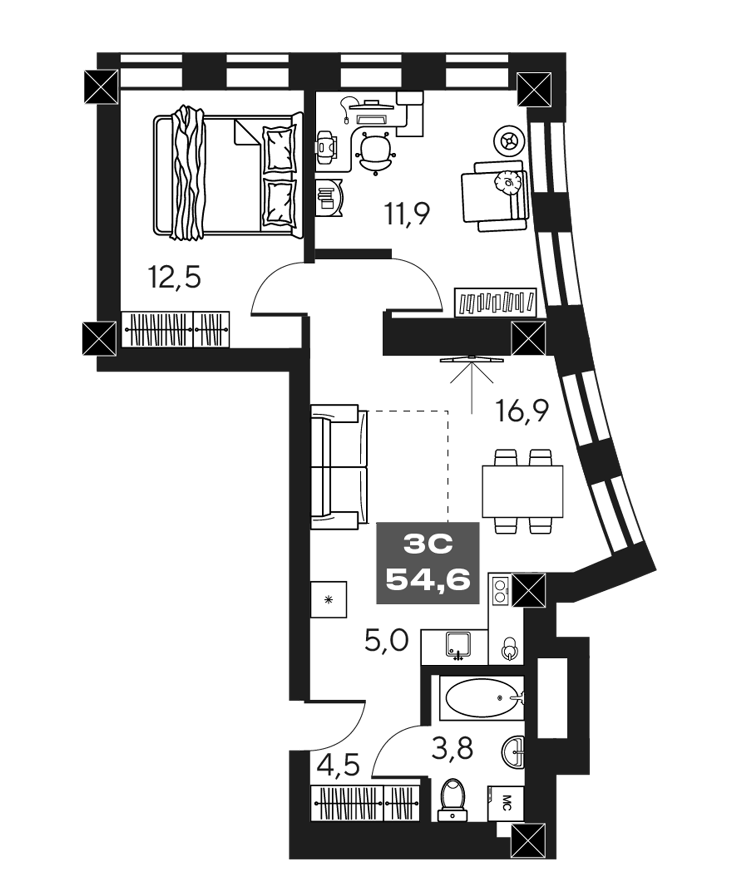 Планировка — МАКИ, апарты с амбициями, 3-комн., 55 м²