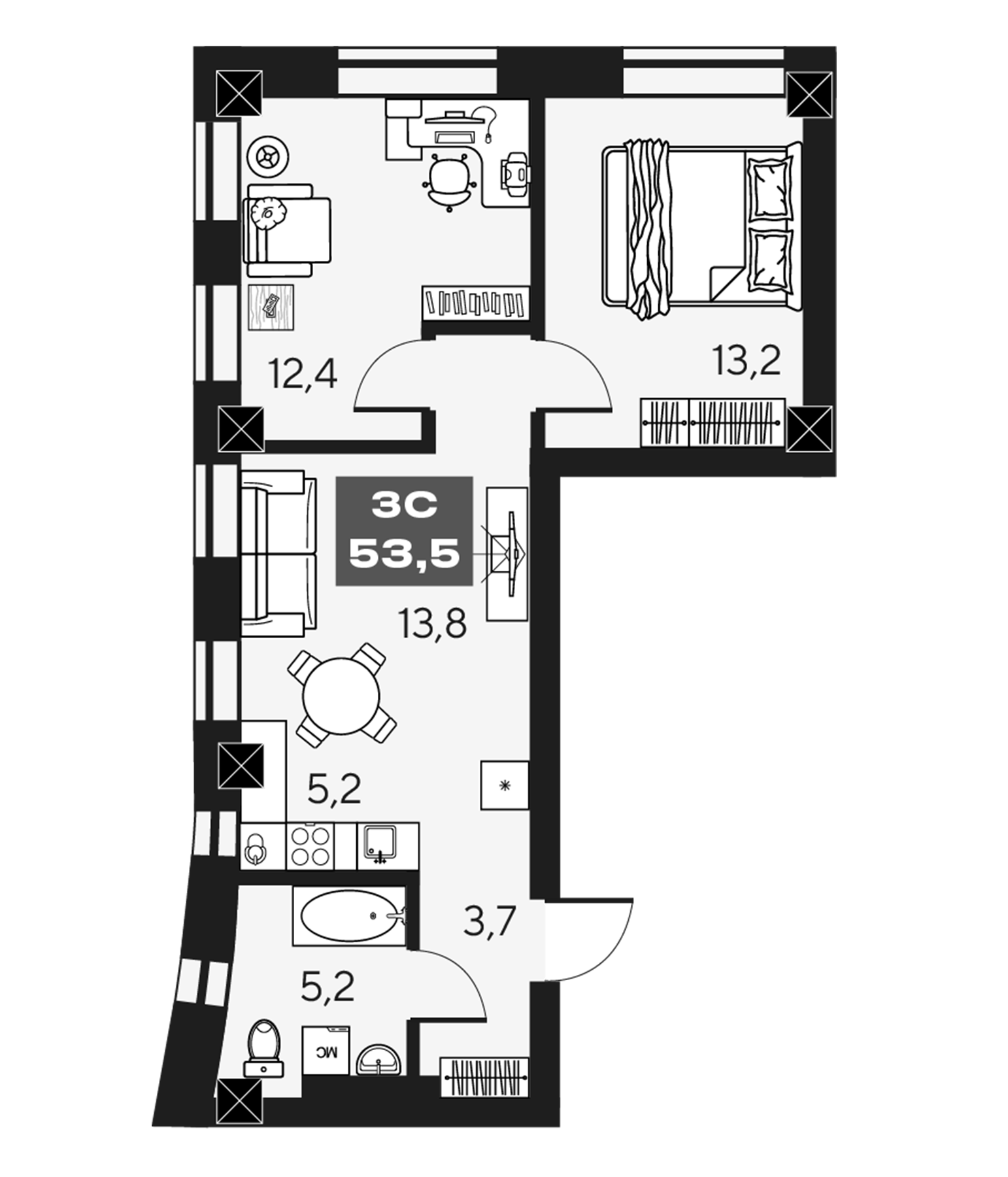 Планировка — МАКИ, апарты с амбициями, 3-комн., 54 м²