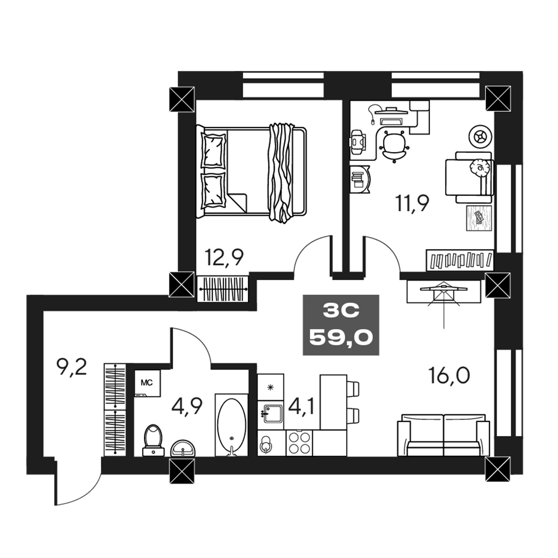 Планировка — МАКИ, апарты с амбициями, 3-комн., 59 м²