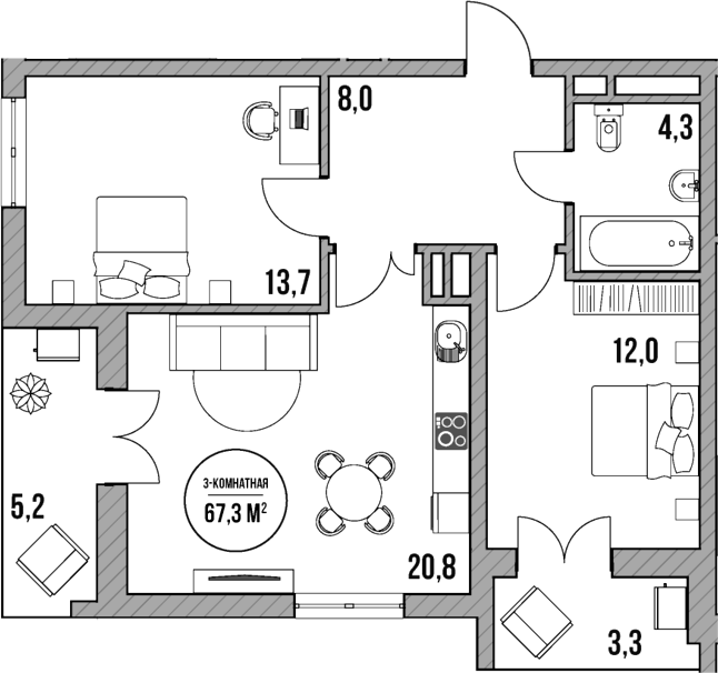 Планировка — МореТут, 3-комн., 59 м²