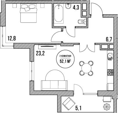 Планировка — МореТут, 2-комн., 47 м²