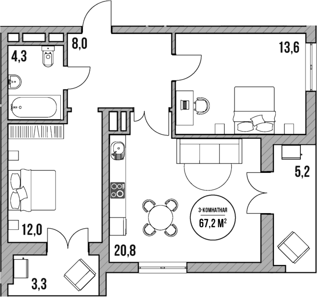 Планировка — МореТут, 3-комн., 59 м²