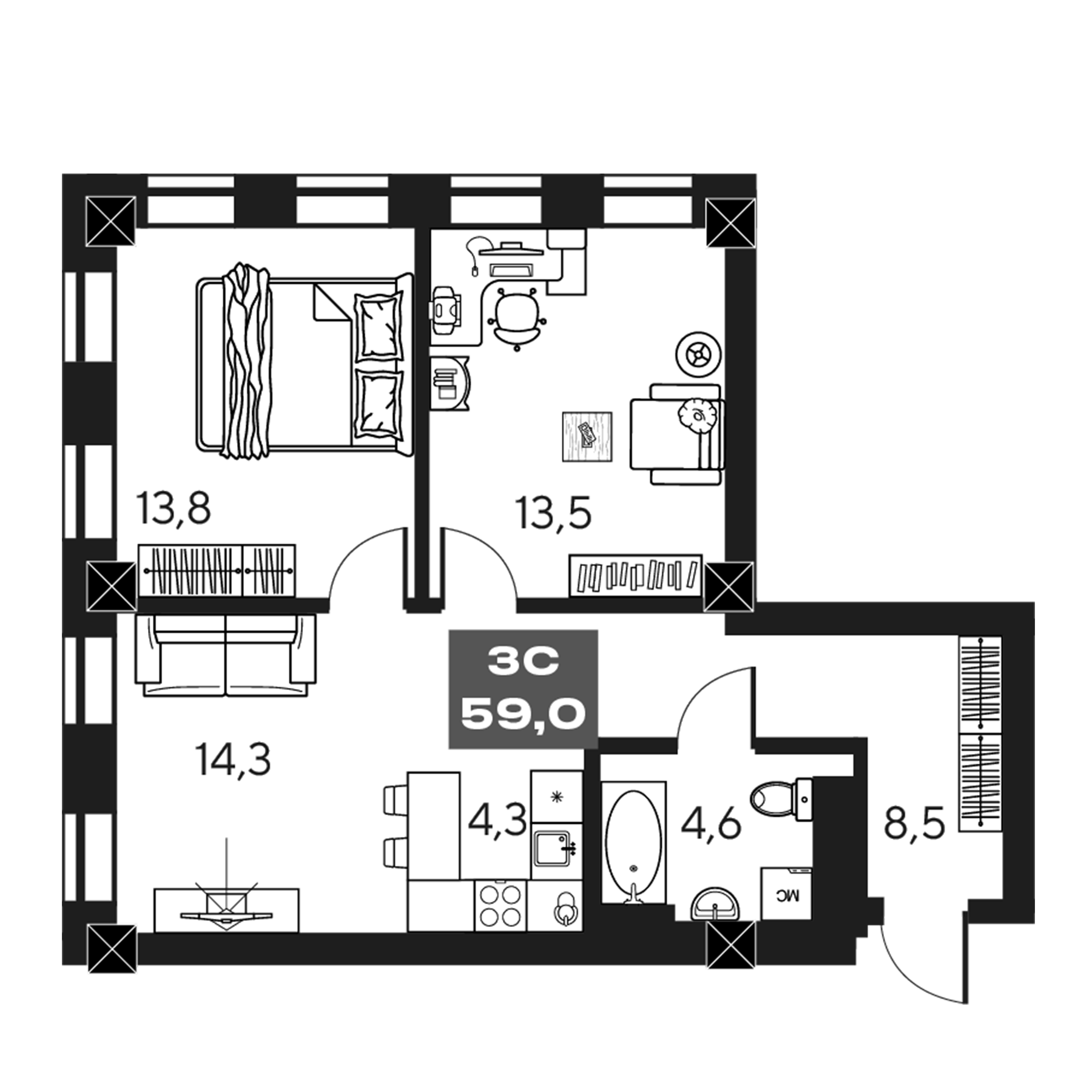Планировка — МАКИ, апарты с амбициями, 3-комн., 59 м²