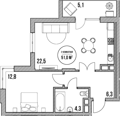 Планировка — МореТут, 2-комн., 46 м²