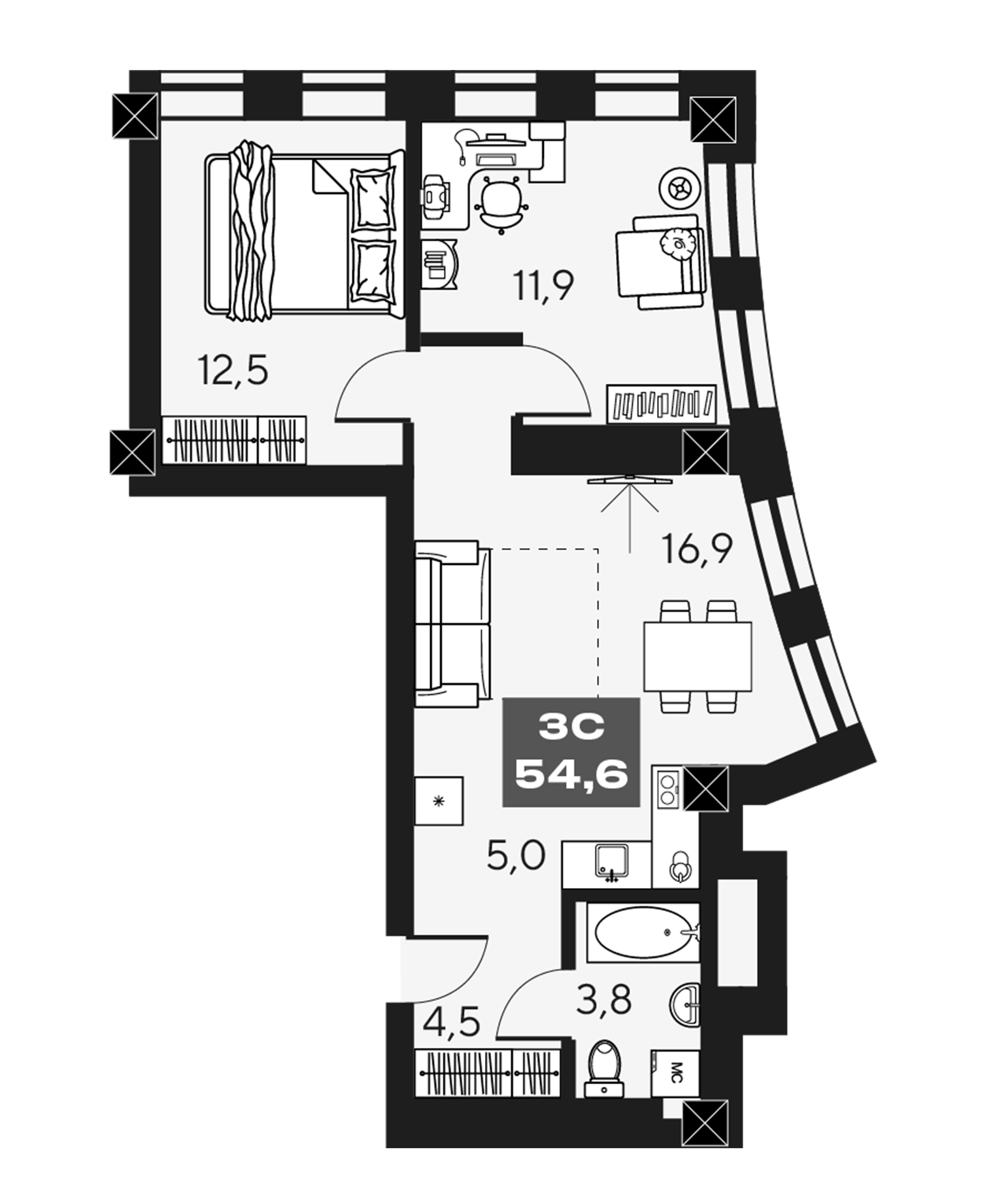 Планировка — МАКИ, апарты с амбициями, 3-комн., 55 м²