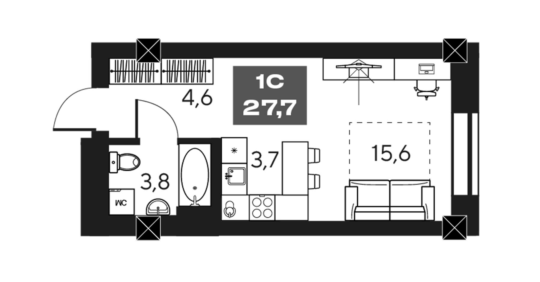 Планировка — МАКИ, апарты с амбициями, Студия, 28 м²
