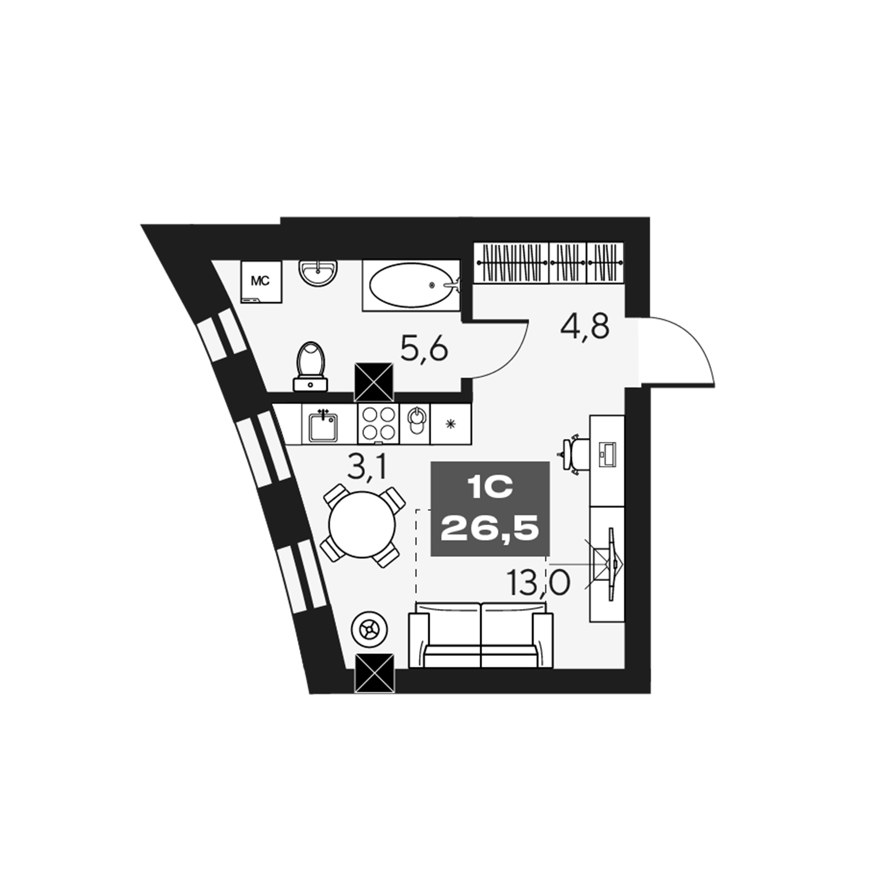 Планировка — МАКИ, апарты с амбициями, Студия, 27 м²