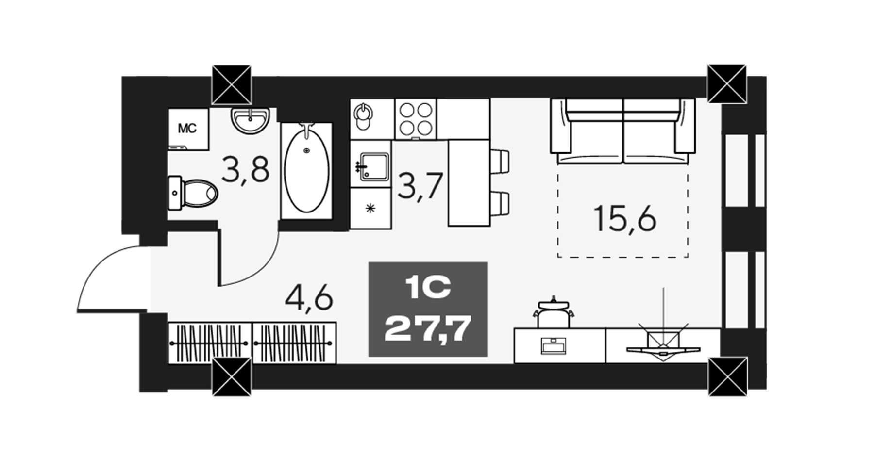 Планировка — МАКИ, апарты с амбициями, Студия, 28 м²