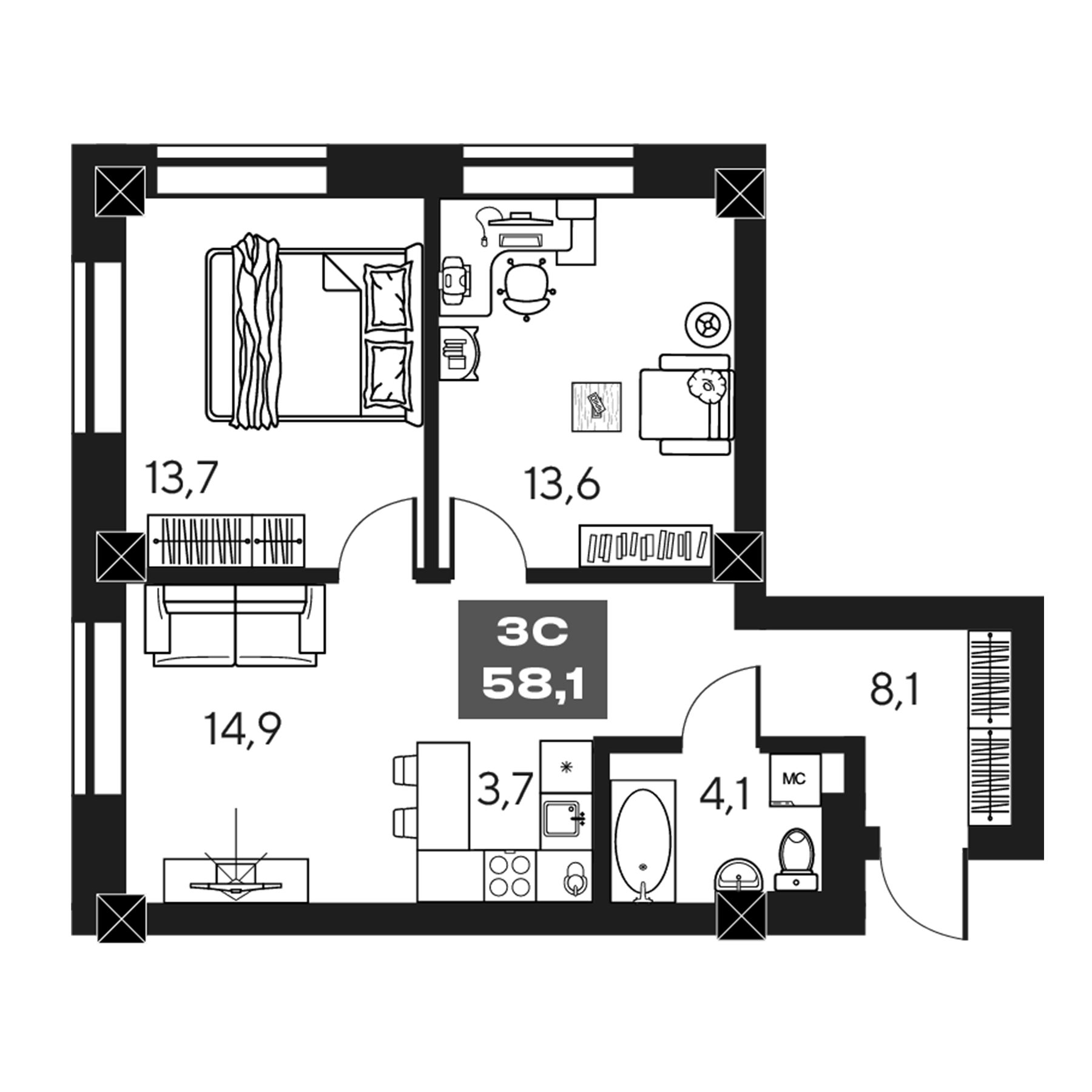 Планировка — МАКИ, апарты с амбициями, 3-комн., 58 м²