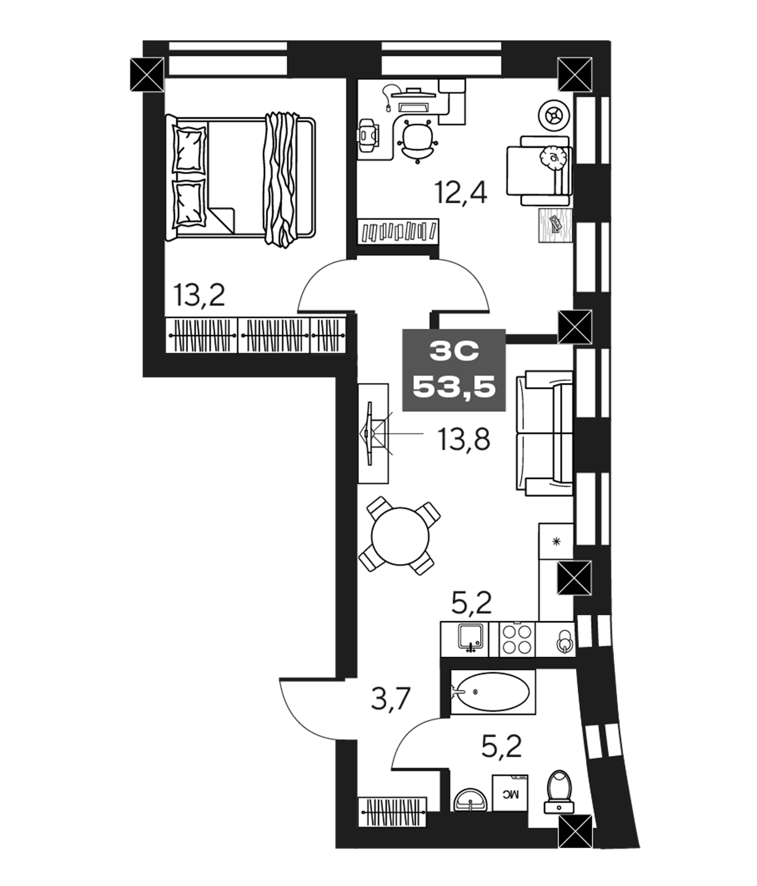 Планировка — МАКИ, апарты с амбициями, 3-комн., 54 м²