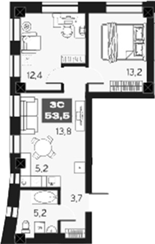 Планировка — МАКИ, апарты с амбициями, 3-комн., 54 м²