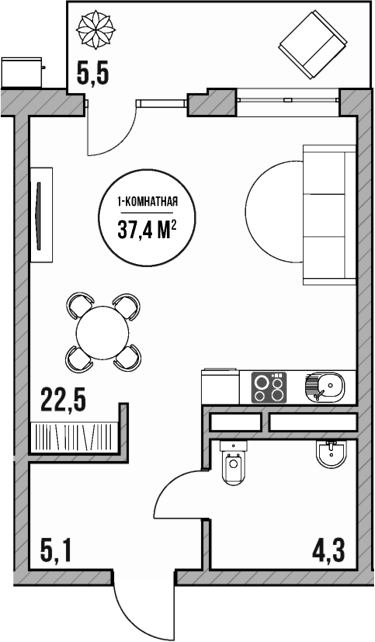 Планировка — МореТут, Студия, 32 м²