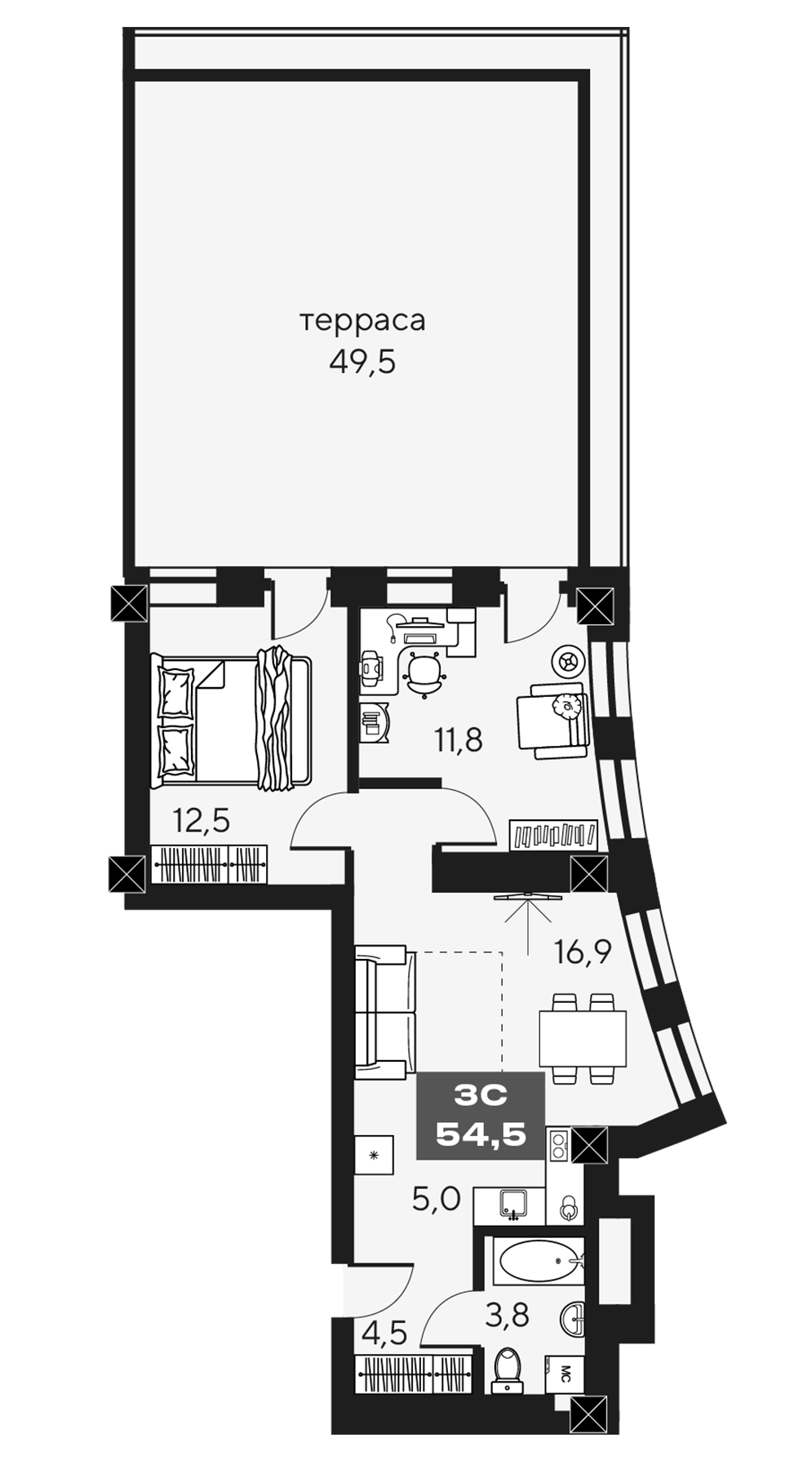 Планировка — МАКИ, апарты с амбициями, 3-комн., 55 м²