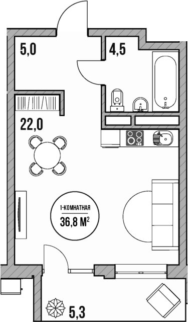 Планировка — МореТут, Студия, 32 м²