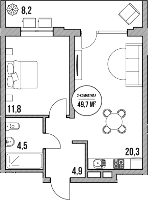 Планировка — МореТут, 2-комн., 42 м²
