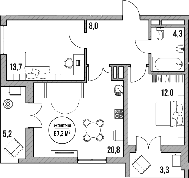 Планировка — МореТут, 3-комн., 59 м²