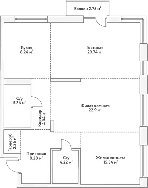 Планировка — Flora&Fauna, 3-комн., 100 м²
