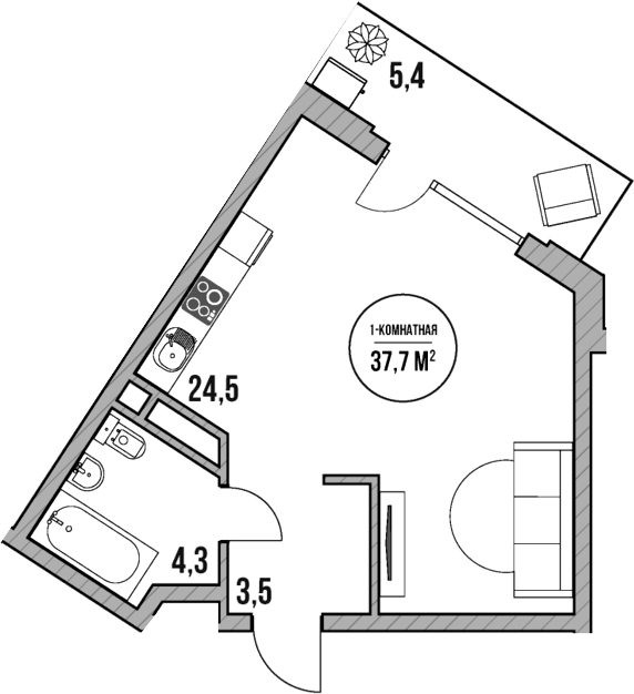Планировка — МореТут, Студия, 32 м²