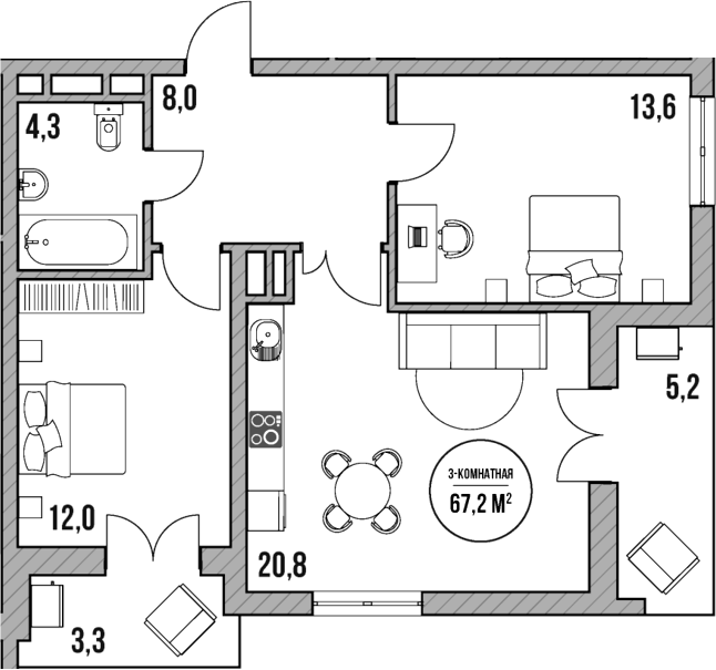 Планировка — МореТут, 3-комн., 59 м²