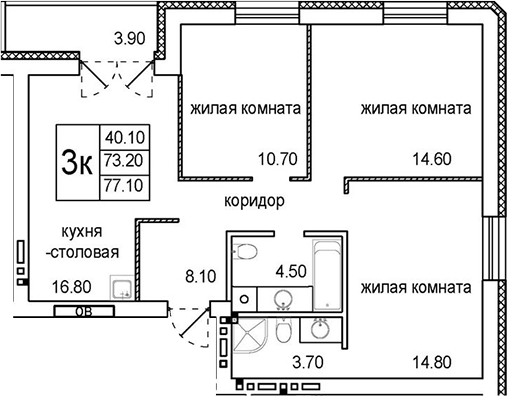 Планировка — Promenade, 3-комн., 73 м²
