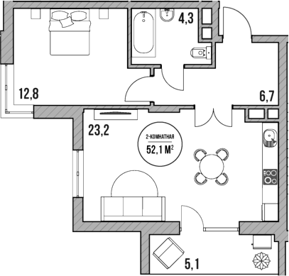 Планировка — МореТут, 2-комн., 47 м²