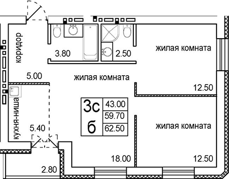 Планировка — Promenade, 3-комн., 60 м²