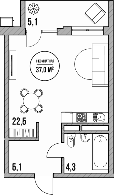 Планировка — МореТут, Студия, 32 м²