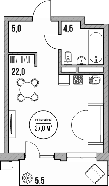 Планировка — МореТут, Студия, 32 м²