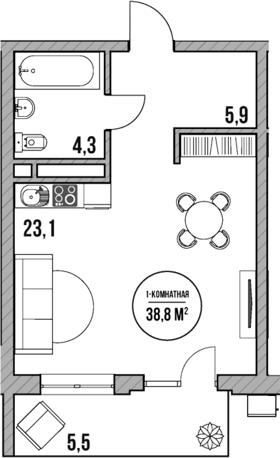Планировка — МореТут, Студия, 33 м²