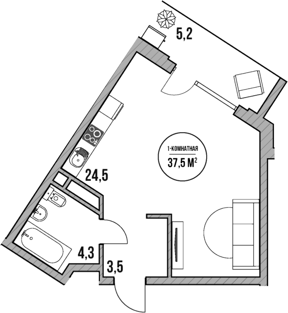 Планировка — МореТут, Студия, 32 м²
