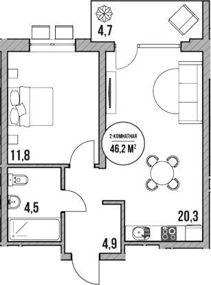 Планировка — МореТут, 2-комн., 42 м²