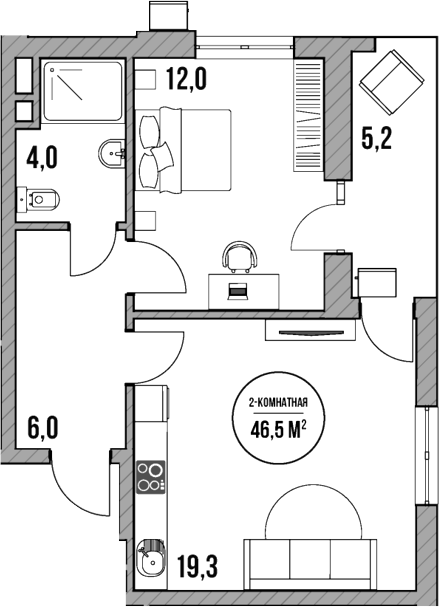 Планировка — МореТут, 2-комн., 41 м²